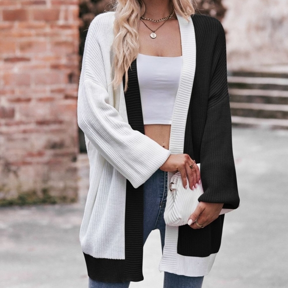 Contrast Open Front Cardigan - Black - Picture 3 of 5